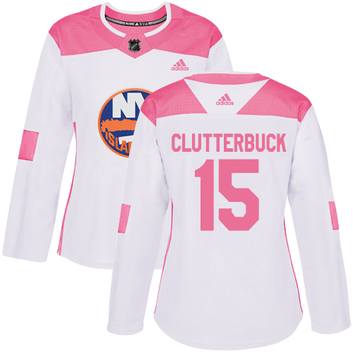 Adidas Islanders #15 Cal Clutterbuck White/Pink Authentic Fashion Women's Stitched NHL Jersey